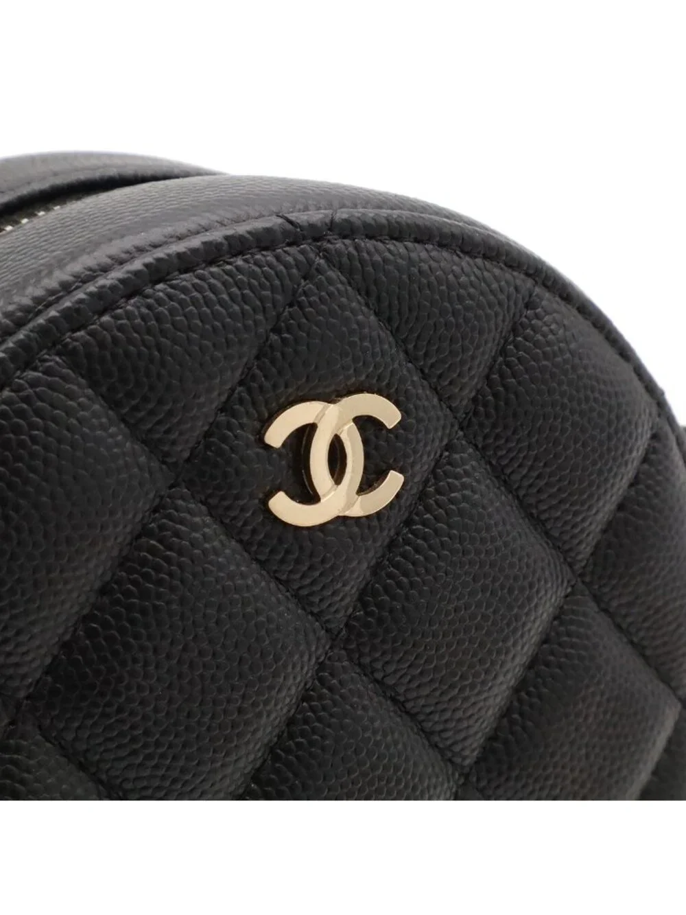 Chanel Quilted Chain Shoulder Bag Pochette Round Crossbody Caviar Leather Black